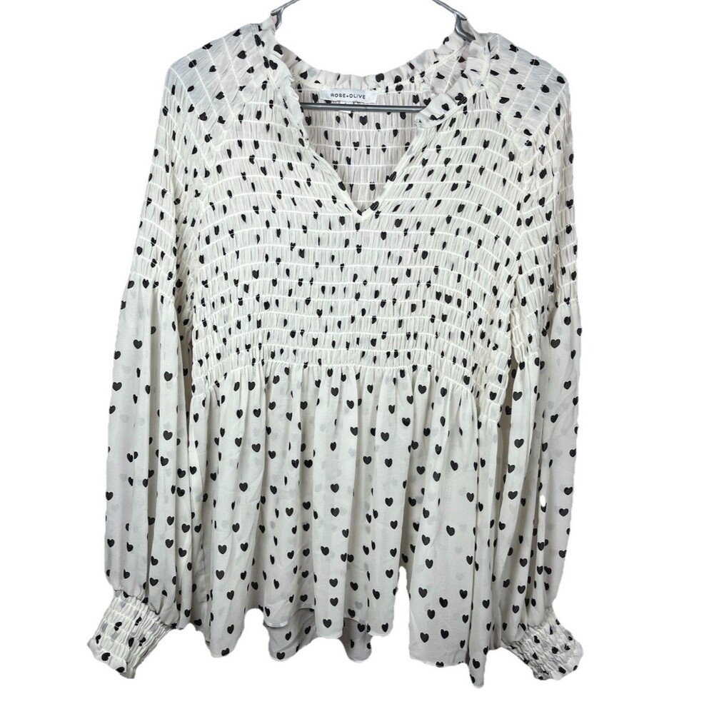 Rose & Olive Top Women’s Black Heart Print Sheer Pintuck Blouse Casual Ladies L